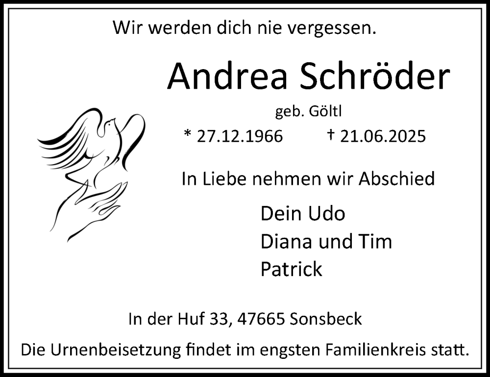  Traueranzeige für Andrea Schröder vom 28.06.2025 aus NNA