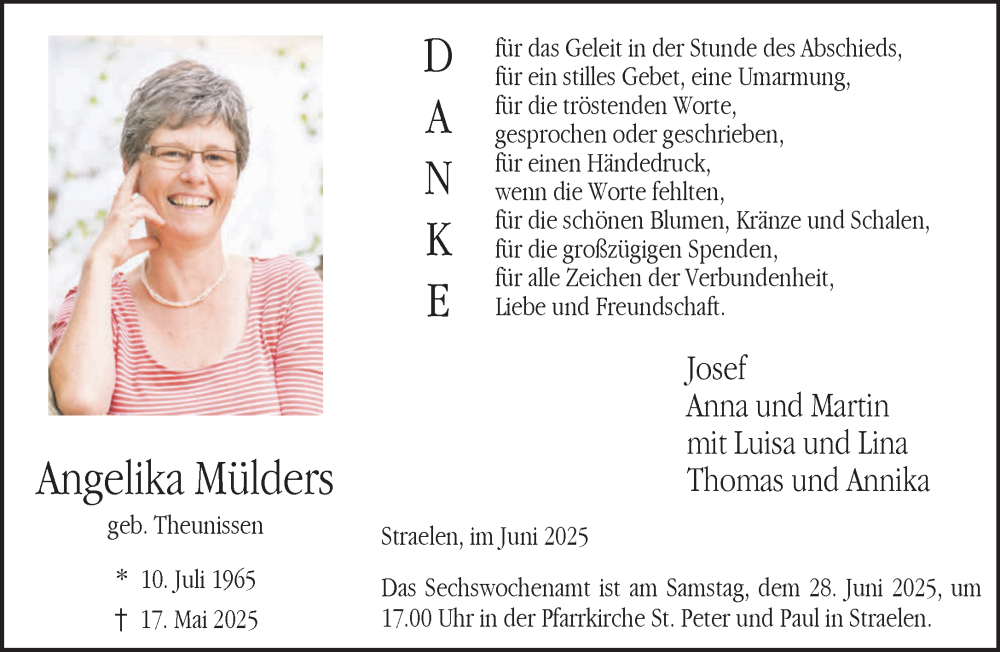  Traueranzeige für Angelika Mülders vom 21.06.2025 aus NNA