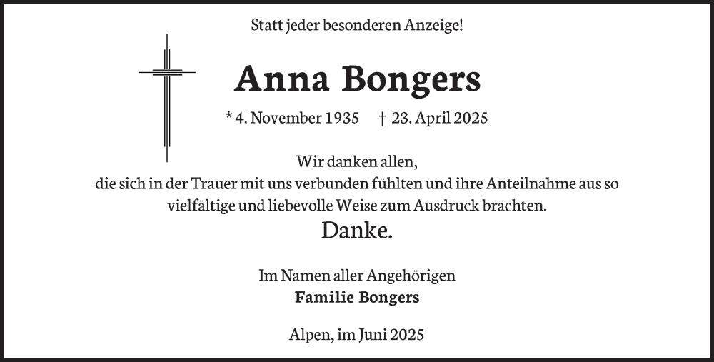  Traueranzeige für Anna Bongers vom 07.06.2025 aus NNA