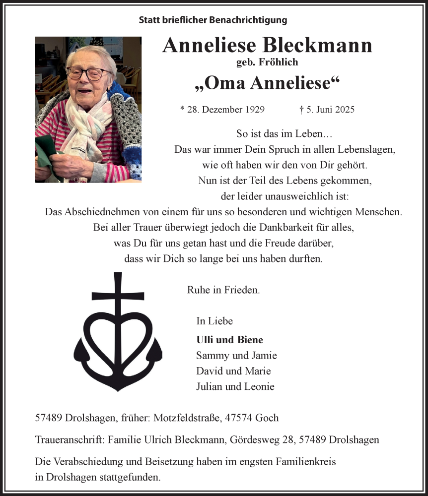  Traueranzeige für Anneliese Bleckmann vom 21.06.2025 aus NNA