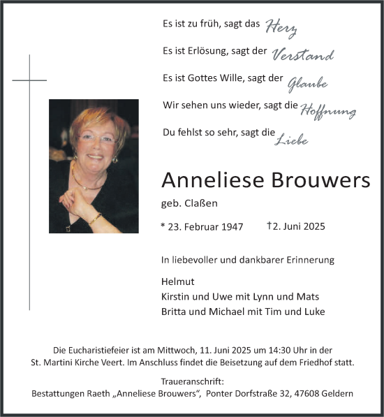 Traueranzeige von Anneliese Brouwers von NNA