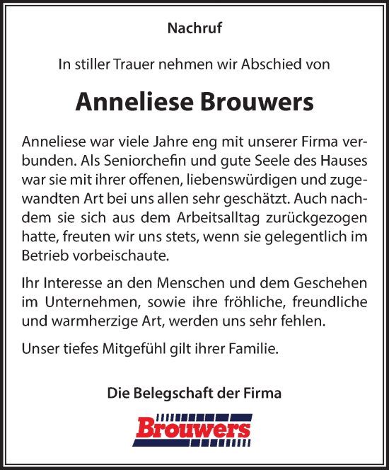 Traueranzeige von Anneliese Brouwers von NNA