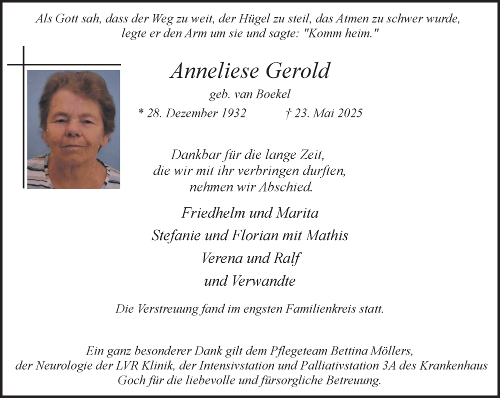  Traueranzeige für Anneliese Gerold vom 14.06.2025 aus NNA