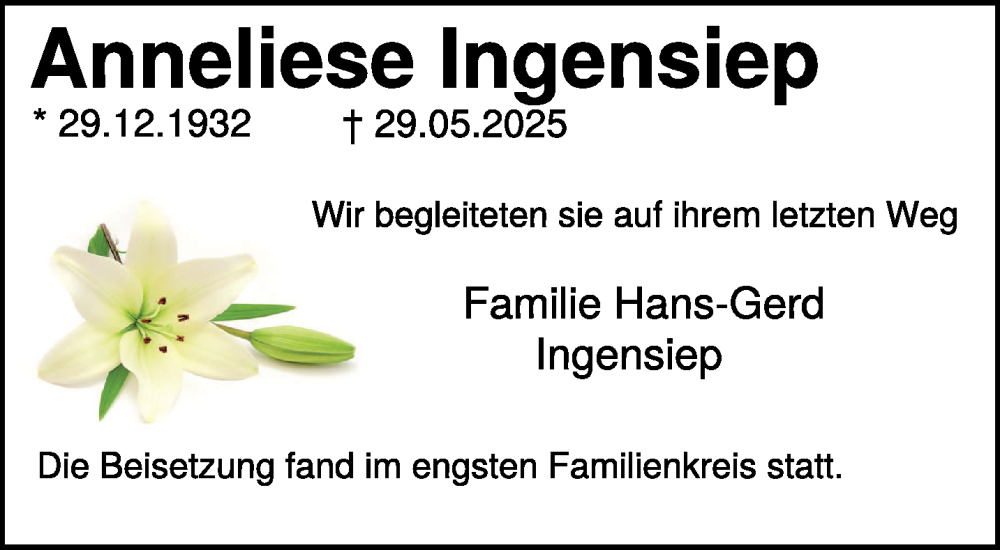  Traueranzeige für Anneliese Ingensiep vom 18.06.2025 aus NNA
