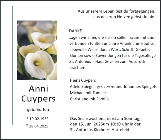 Traueranzeige von Anni Cuypers von NNA