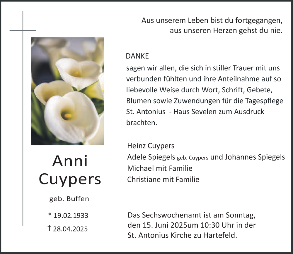  Traueranzeige für Anni Cuypers vom 07.06.2025 aus NNA