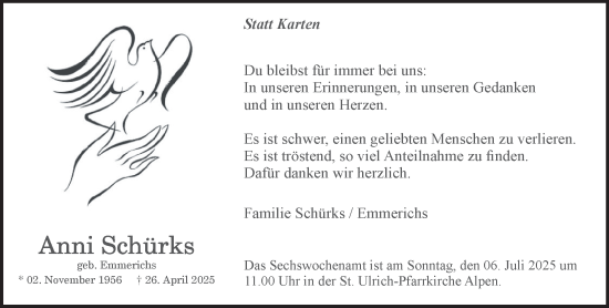Traueranzeige von Anni Schürks von NNA