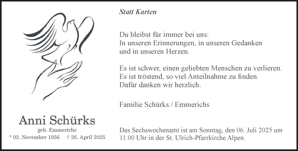  Traueranzeige für Anni Schürks vom 25.06.2025 aus NNA