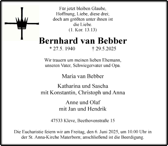Traueranzeige von Bernhard van Bebber von NNA