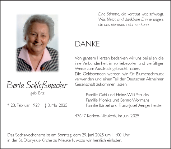 Traueranzeige von Berta Schloßmacher von NNA