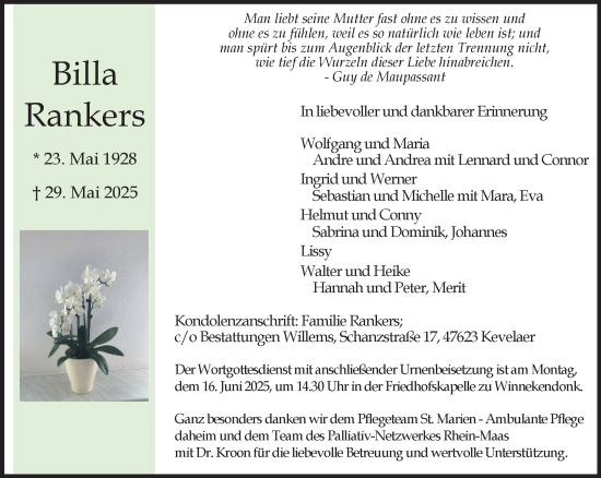 Traueranzeige von Billa Rankers von NNA