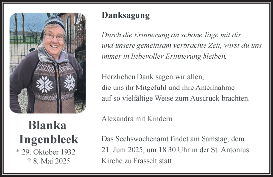 Traueranzeige von Blanka Ingenbleek von NNA