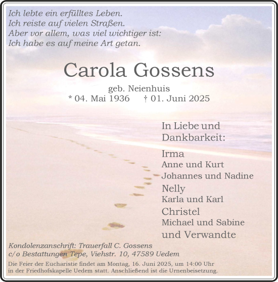 Traueranzeige von Carola Gossens von NNA