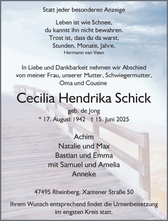 Traueranzeige von Cecilia Hendrika Schick von NNA