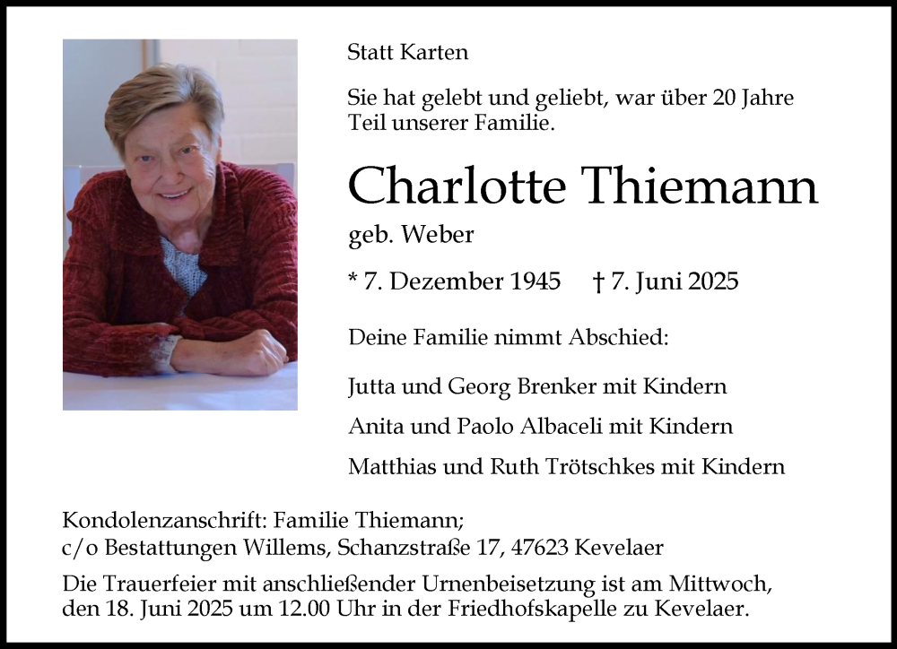  Traueranzeige für Charlotte Thiemann vom 14.06.2025 aus NNA