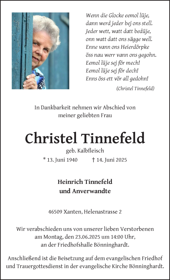 Traueranzeige von Christel Tinnefeld von NNA