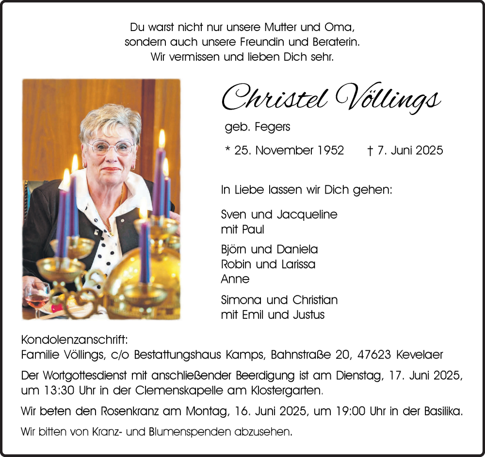  Traueranzeige für Christel Völlings vom 14.06.2025 aus NNA