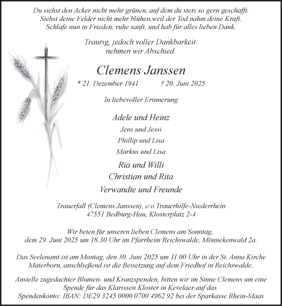 Traueranzeige von Clemens Janssen von NNA