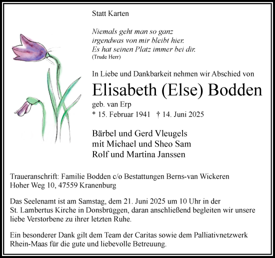 Traueranzeige von Elisabeth Bodden von NNA