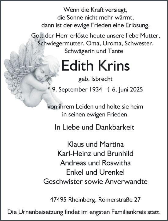 Traueranzeige von Edith Krins von NNA