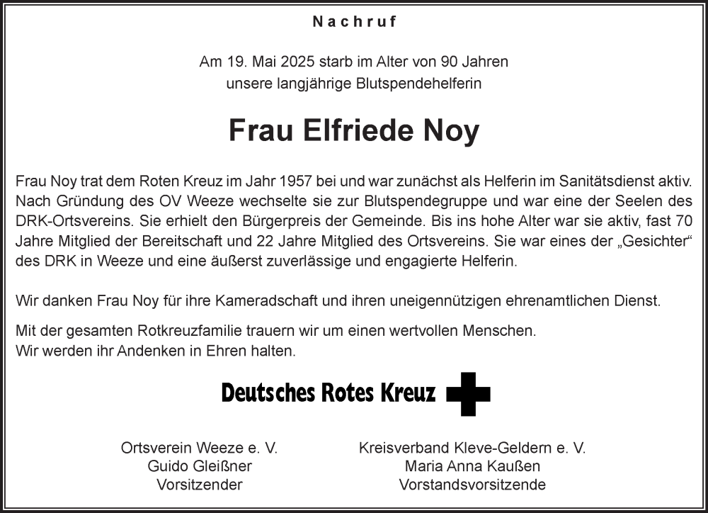  Traueranzeige für Elfriede Noy vom 07.06.2025 aus NNA