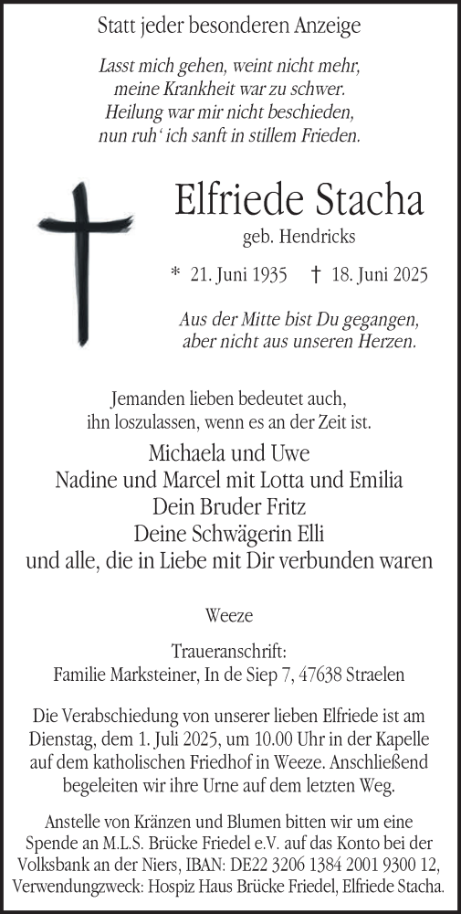Traueranzeige von Elfriede Stacha von NNA