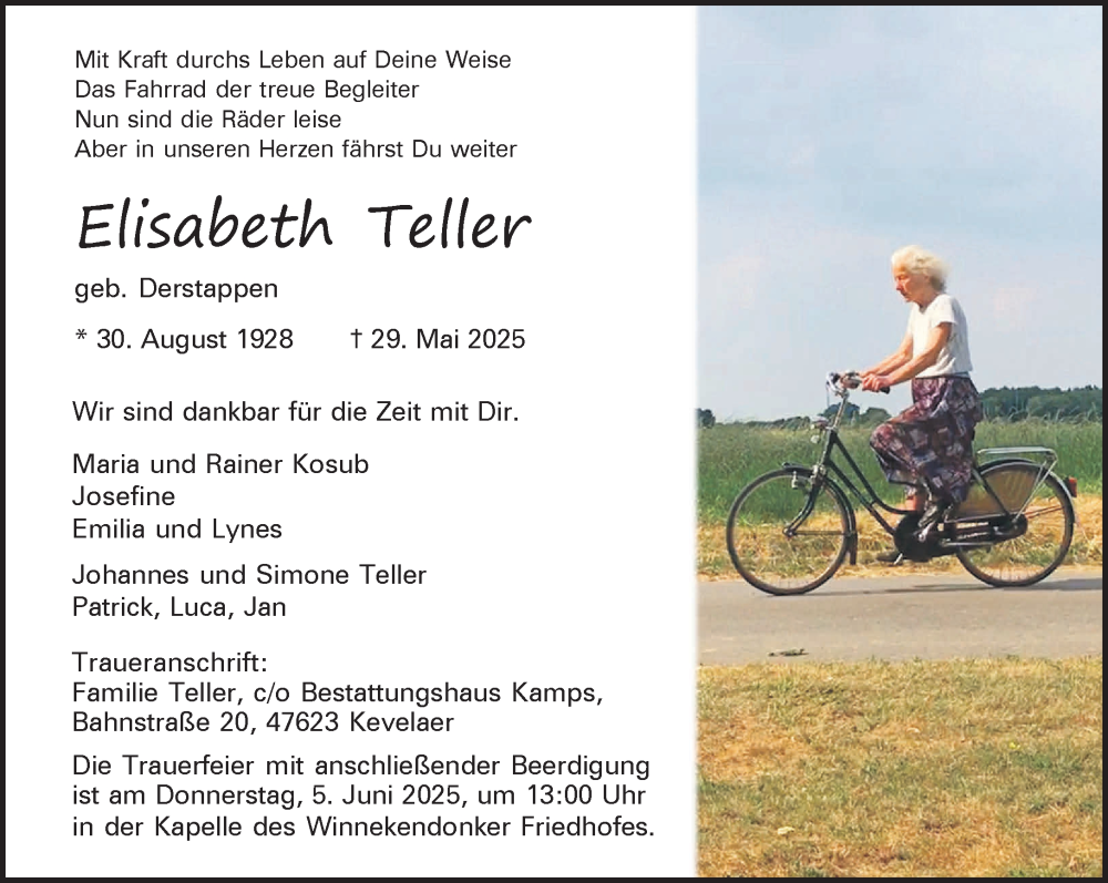 Traueranzeige für Elisabeth Teller vom 04.06.2025 aus NNA