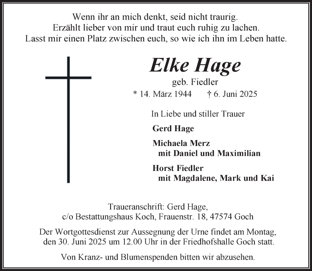  Traueranzeige für Elke Hage vom 21.06.2025 aus NNA
