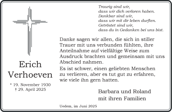 Traueranzeige von Erich Verhoeven von NNA