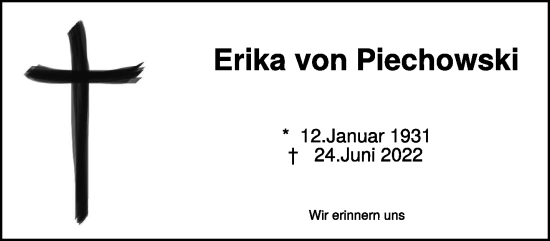 Traueranzeige von Erika von Piechowski von NNA