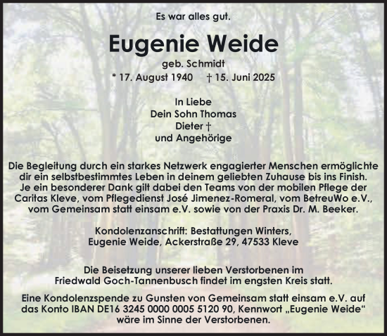 Traueranzeige von Eugenie Weide von NNA