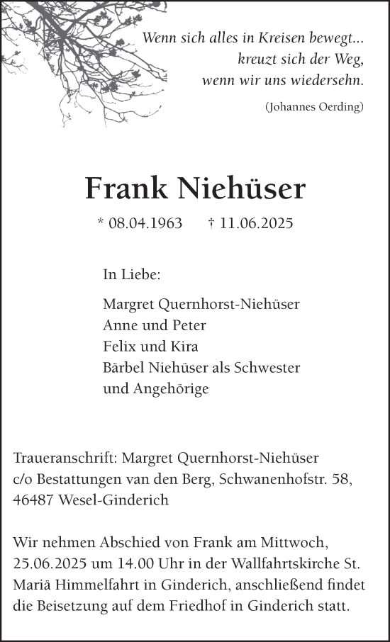 Traueranzeige von Frank Niehüser von NNA