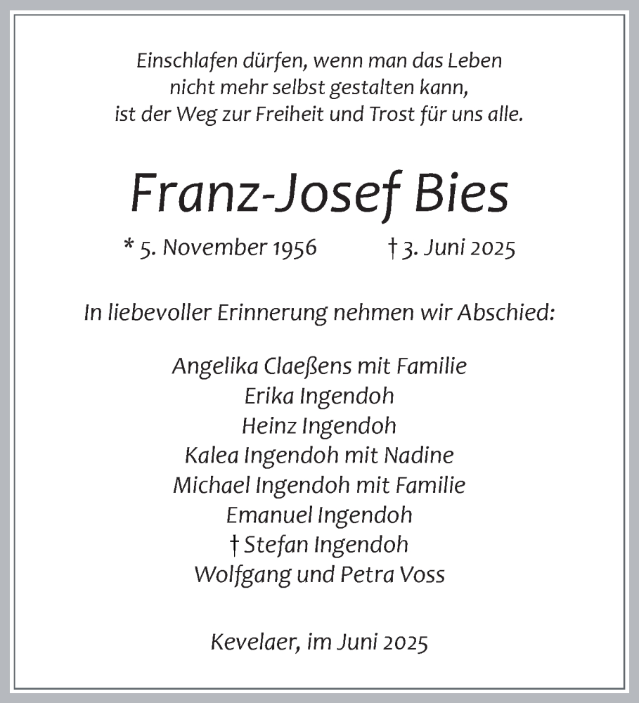  Traueranzeige für Franz-Josef Bies vom 21.06.2025 aus NNA