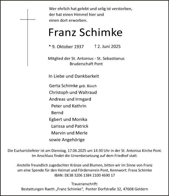 Traueranzeige von Franz Schimke von NNA