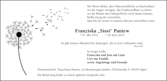 Traueranzeige von Franziska Paniew von NNA