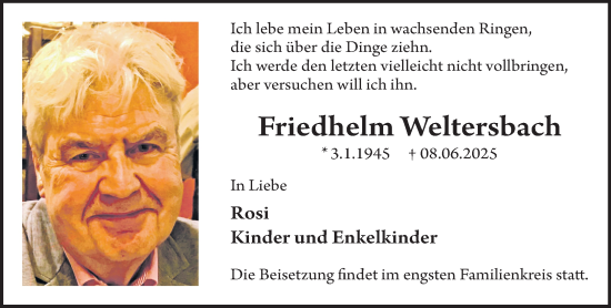 Traueranzeige von Friedhelm Weltersbach von NNA