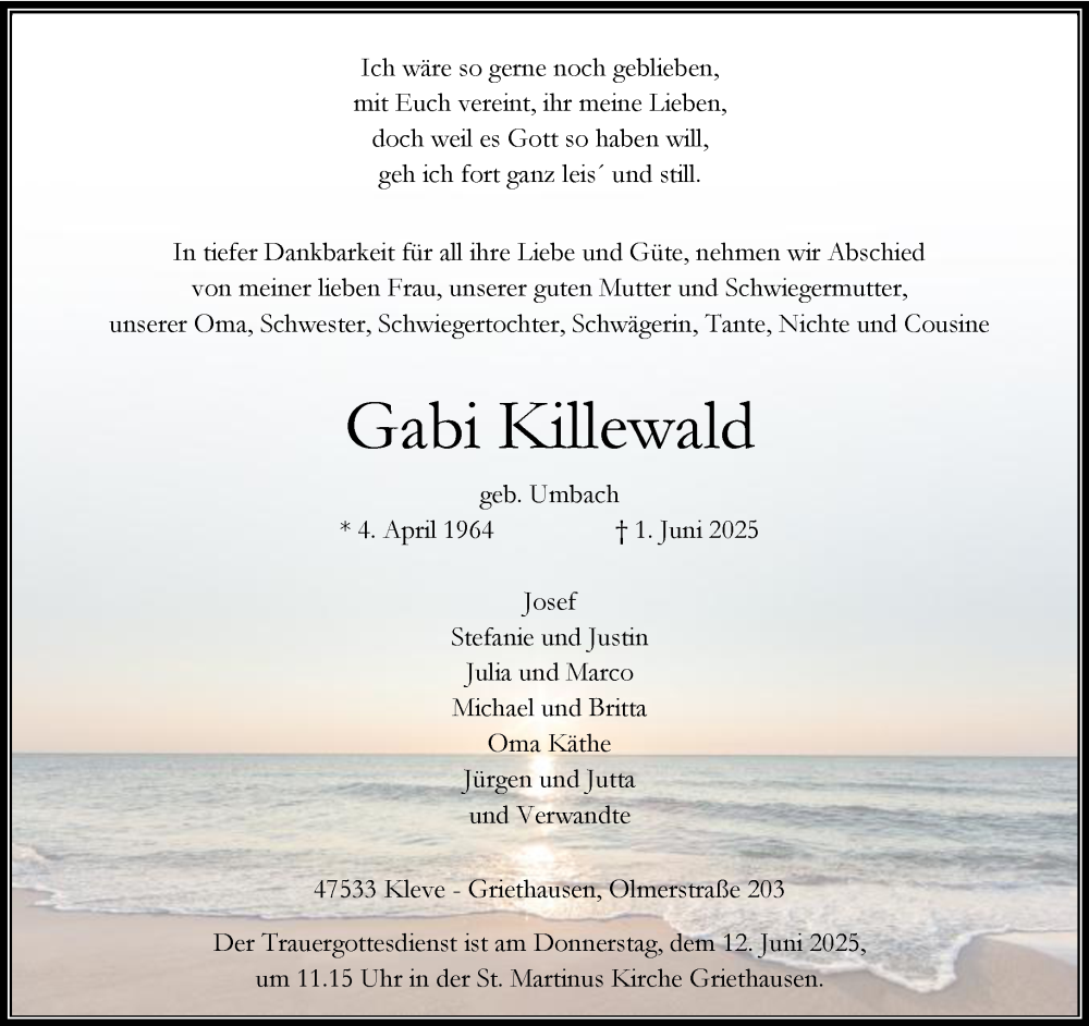  Traueranzeige für Gabi Killewald vom 07.06.2025 aus NNA