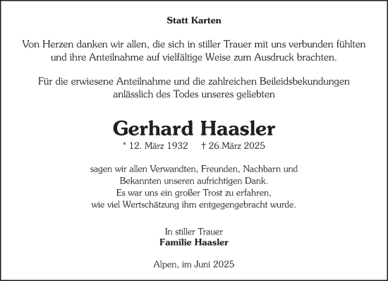 Traueranzeige von Gerhard Haasler von NNA