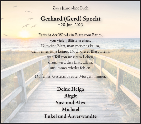 Traueranzeige von Gerhard Specht von NNA