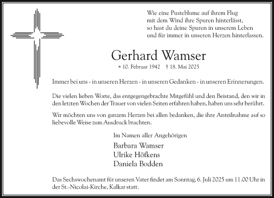 Traueranzeige von Gerhard Wamser von NNA