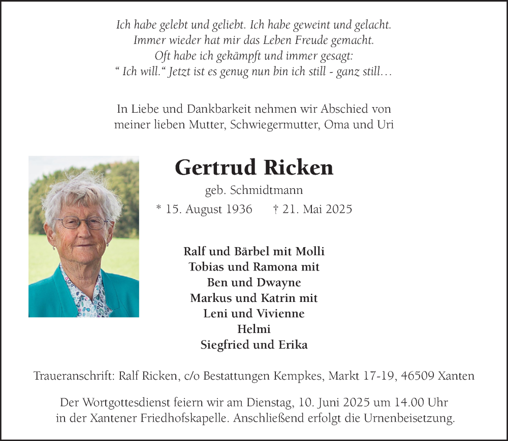  Traueranzeige für Gertrud Ricken vom 07.06.2025 aus NNA