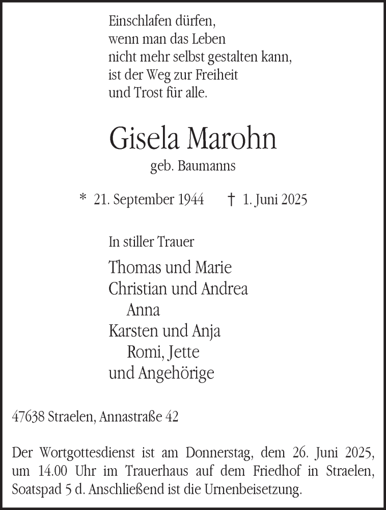  Traueranzeige für Gisela Marohn vom 21.06.2025 aus NNA