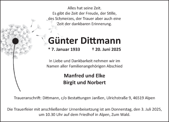 Traueranzeige von Günter Dittmann von NNA