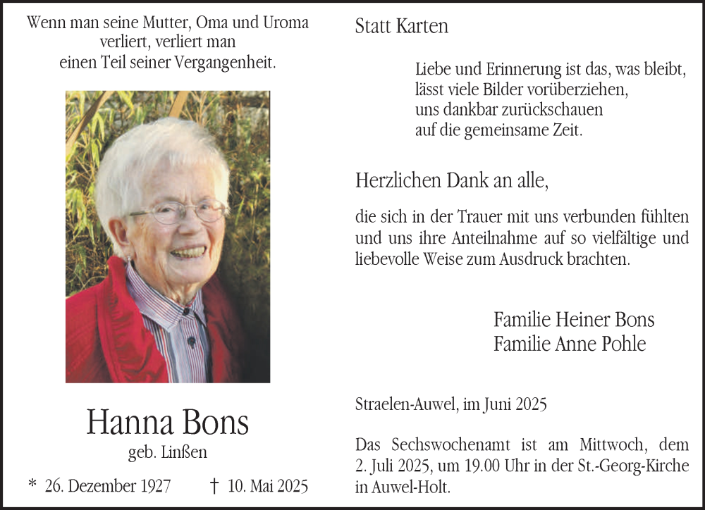 Traueranzeige für Hanna Bons vom 28.06.2025 aus NNA