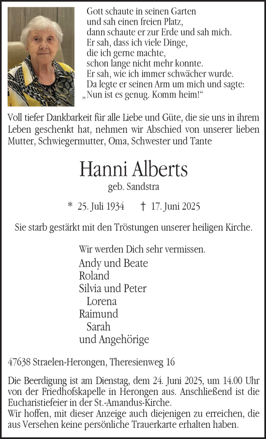 Traueranzeige von Hanni Alberts von NNA