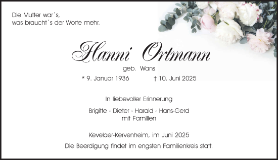 Traueranzeige von Hanni Ortmann von NNA