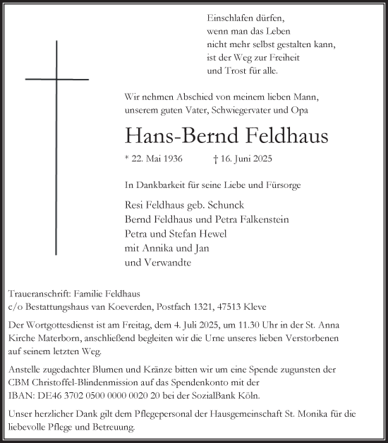Traueranzeige von Hans-Bernd Feldhaus von NNA
