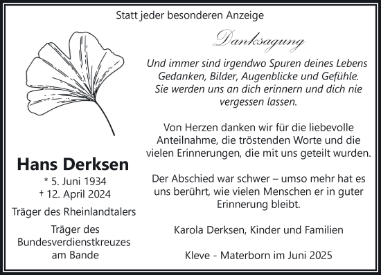 Traueranzeige von Hans Derksen von NNA