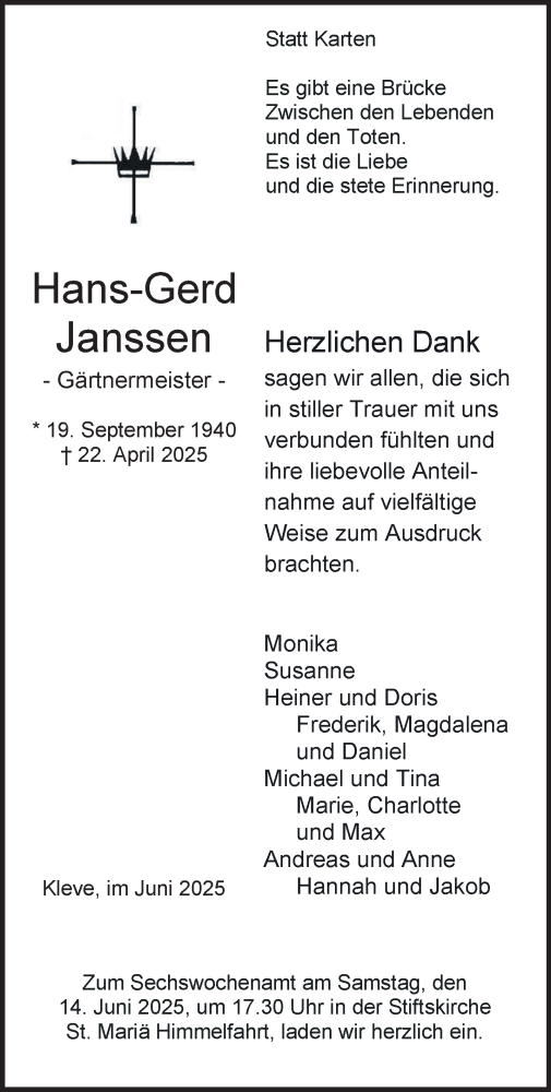 Traueranzeige von Hans-Gerd Janssen von NNA