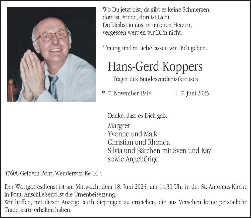  Traueranzeige für Hans-Gerd Koppers vom 14.06.2025 aus NNA